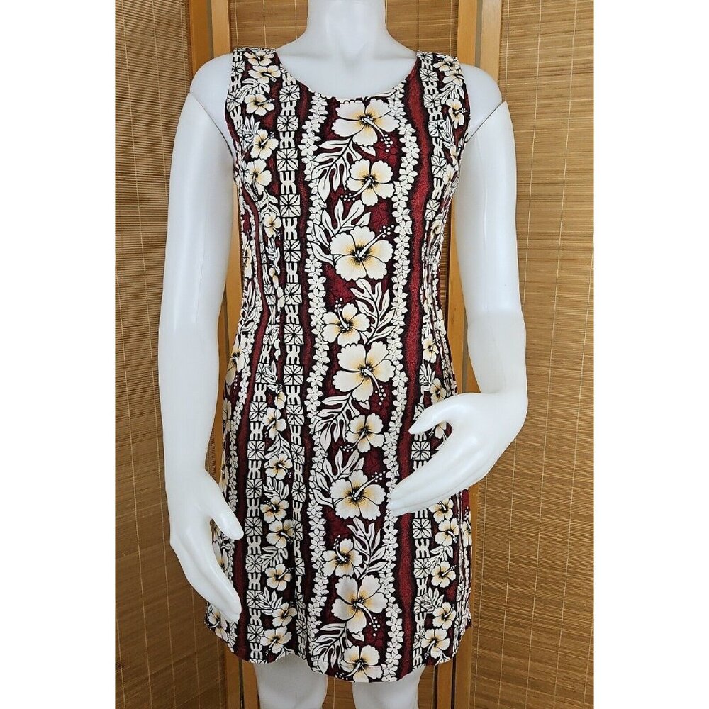 Hawaiian Flavor Tapa Cloth Print Dress M Brown Handmade Sleeveless Cotton Floral - Picture 2 of 16